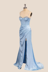 Beaded Light Blue Satin Ruched Long Prom Dress