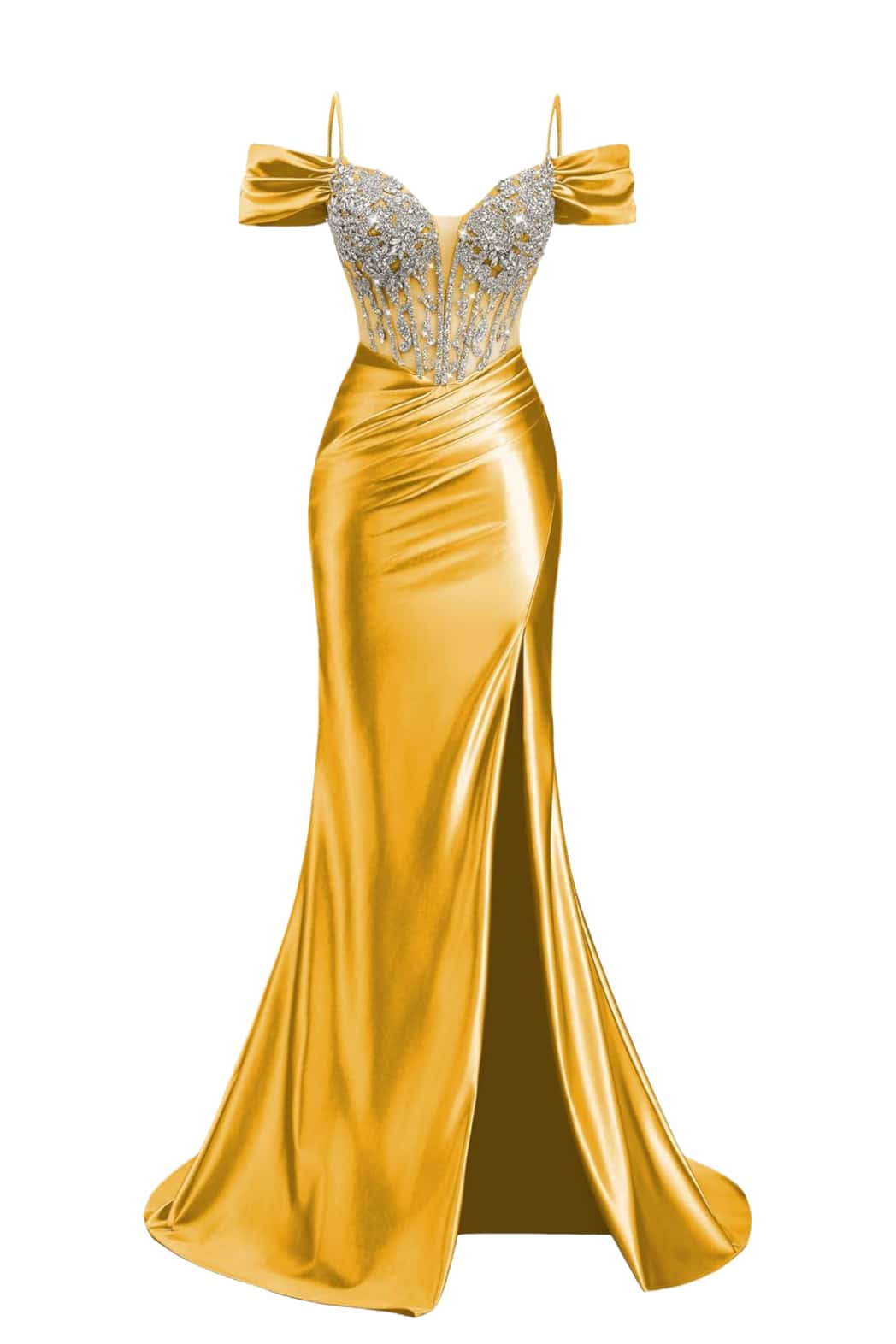 Off the Shoulder Yellow Beaded Ruched Long Dress