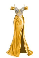 Off the Shoulder Yellow Beaded Ruched Long Dress