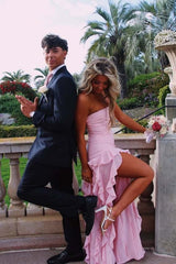 Pink Strapless Ruffle Slit Long Dress