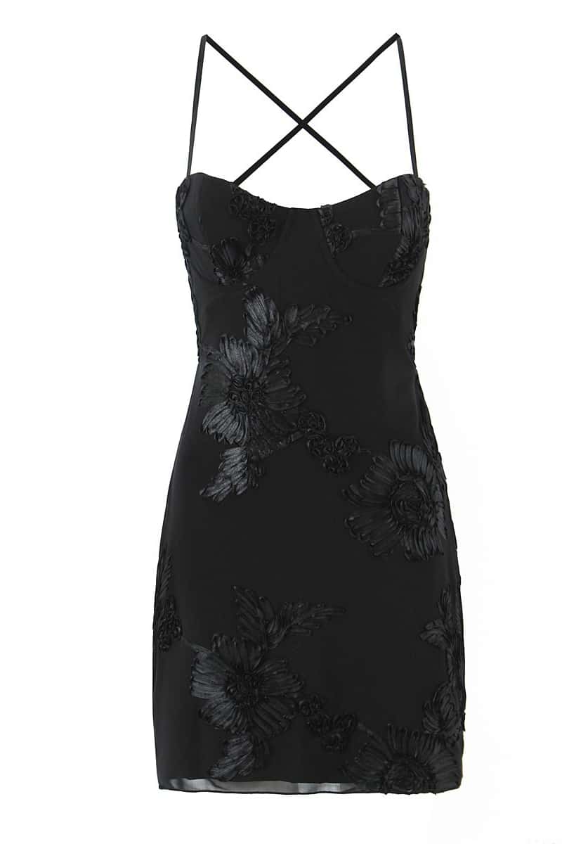 Black Floral Appliques Tight Short Dress