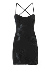 Black Floral Appliques Tight Short Dress