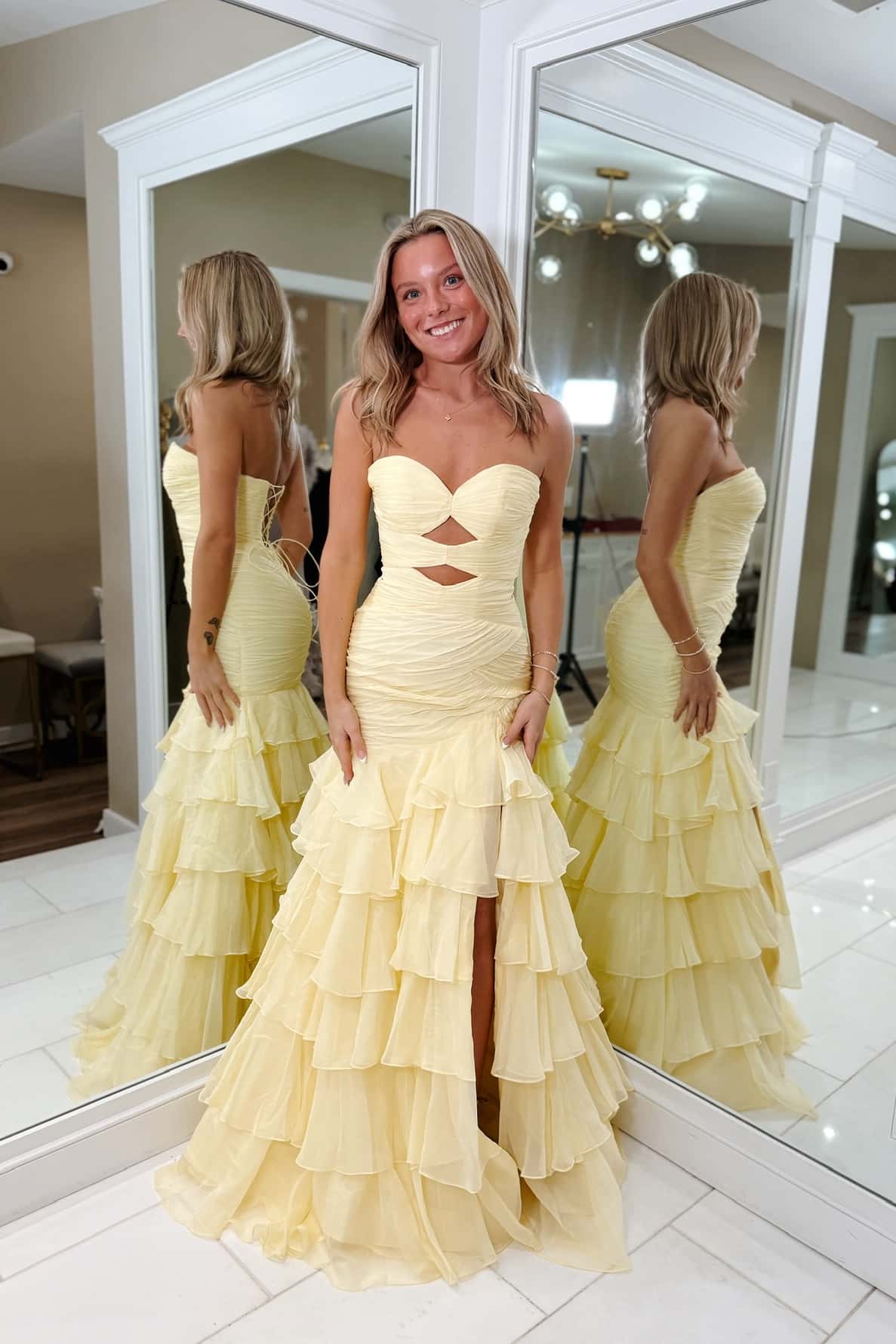 Periwinkle Chiffon Ruched Mermaid Ruffle Prom Dress