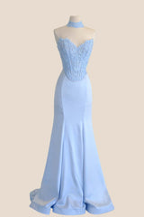 Blue Lace Corset Satin Mermaid Prom Dress