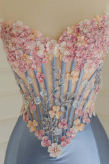 3D Flowers Blue Satin Mermaid Prom Dress