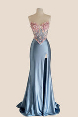 3D Flowers Blue Satin Mermaid Prom Dress