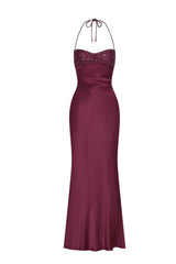 Halter Pink Satin Fitted Long Formal Dress