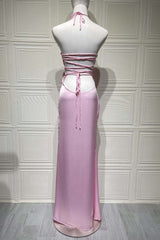 Halter Pink Satin Fitted Long Formal Dress