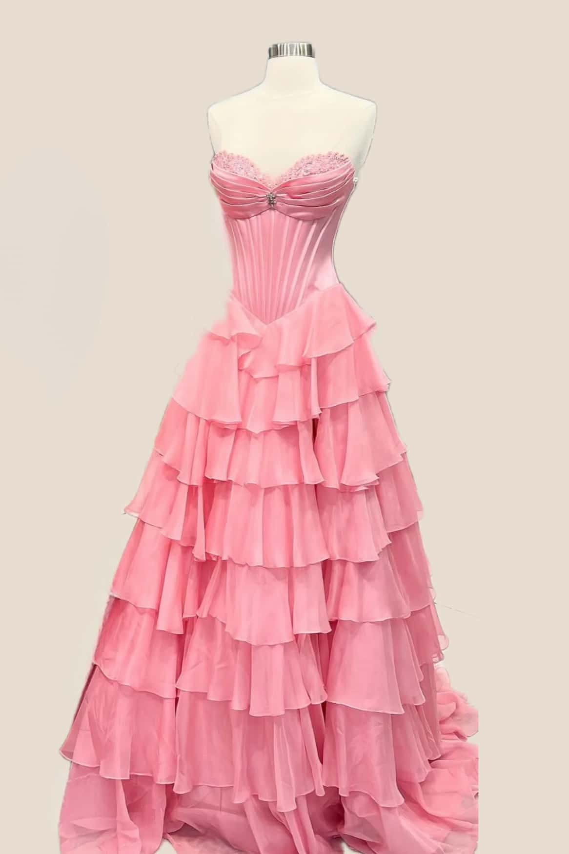 Ruched Pink Chiffon Ruffle A-line Prom Dress