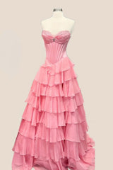 Ruched Pink Chiffon Ruffle A-line Prom Dress
