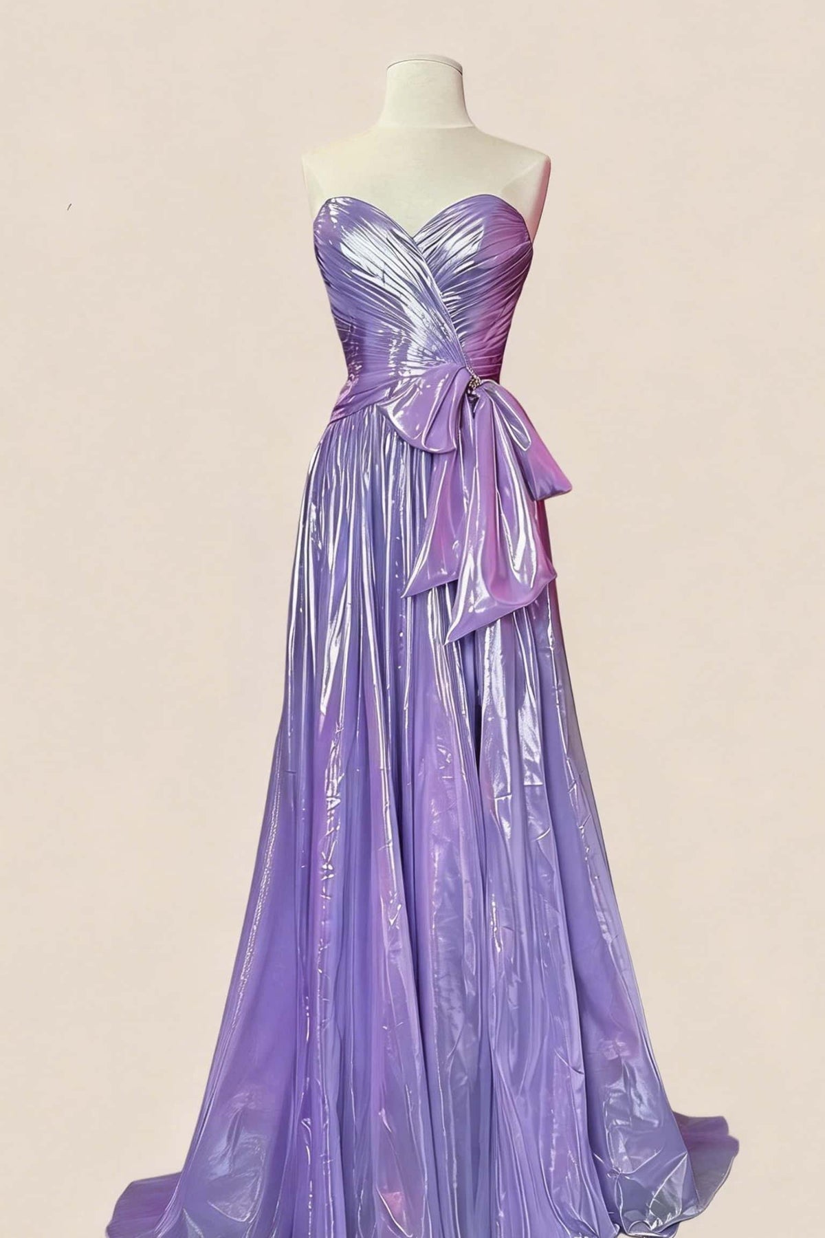 Ruched Purple Metallic A-line Prom Dress