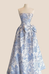 Blue Floral Strapless A-line Bow Prom Dress