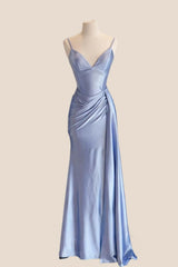 Blue Satin Straps Ruched Long Prom Dress with Train