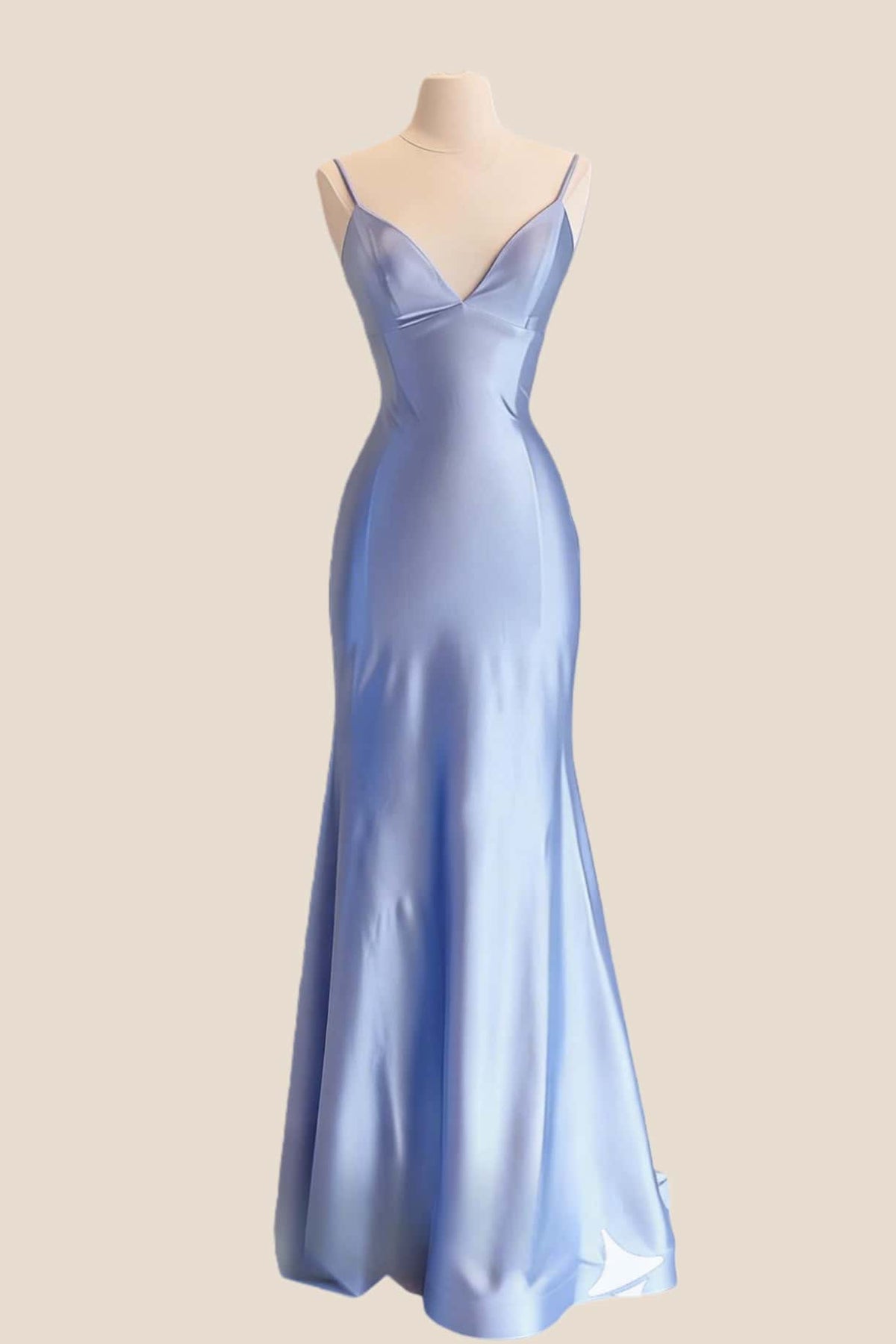Blue Satin V Neck Mermaid Prom Dress