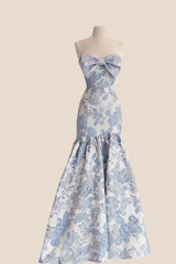 Bow Front Blue Floral Mermaid Prom Dress