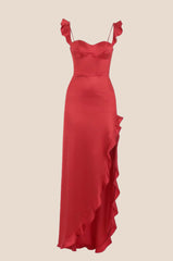 Ruffle Straps Red Satin Slit Dress