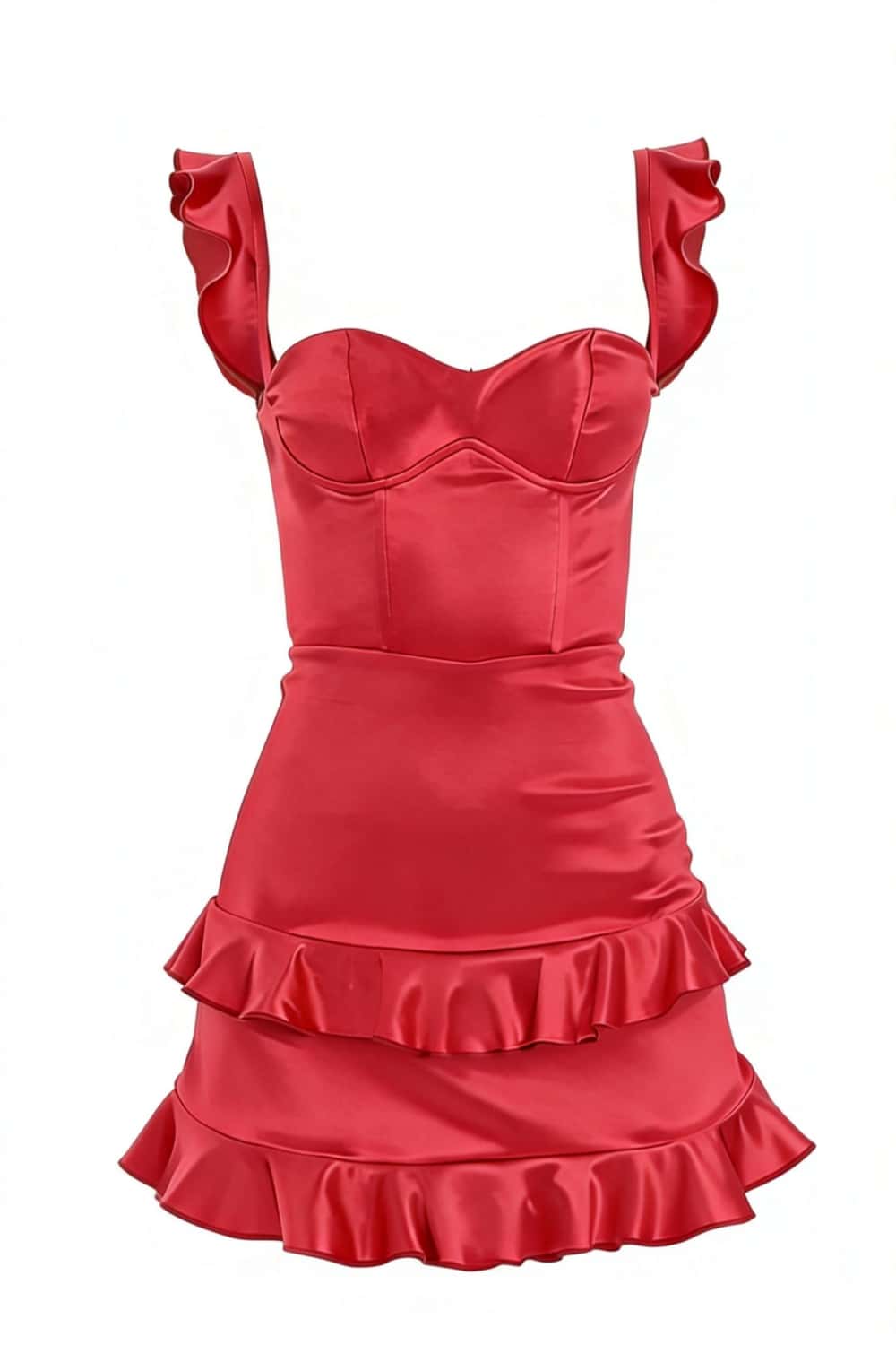 Ruffle Straps Red Satin Short Dress