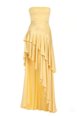 Strapless Yellow Ruffle Slit Long Dress