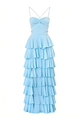 Blue Straps Ruched A-line Ruffle Maxi Dress