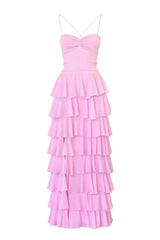 Blue Straps Ruched A-line Ruffle Maxi Dress