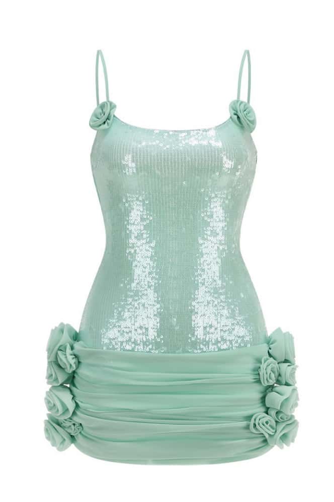 Rosette Mint Green Sequin Tight Mini Dress