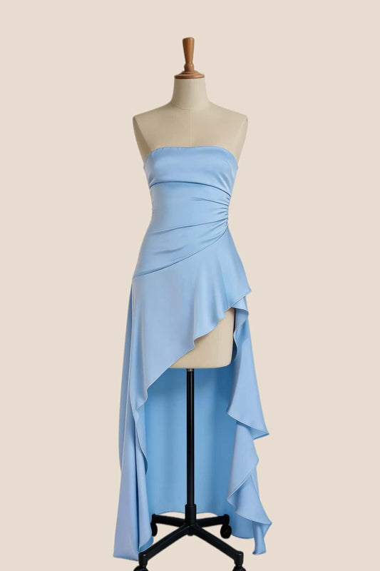 Sky Blue Strapless Ruched Slit Long Dress
