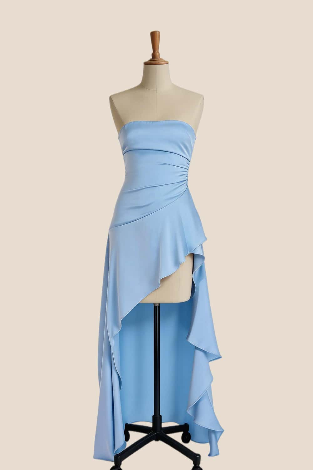 Sky Blue Strapless Ruched Slit Long Dress
