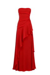 Red Strapless Ruched Slit Dress