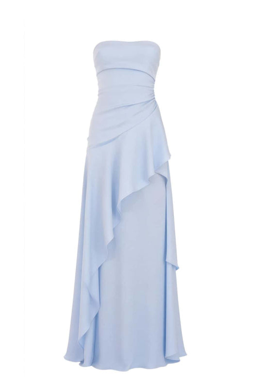 Sky Blue Strapless Ruched Slit Dress
