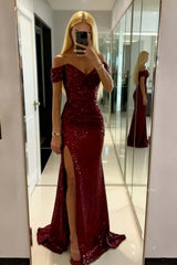 Off the Shoulder Burgundy Sequin Fitted Slit Dress