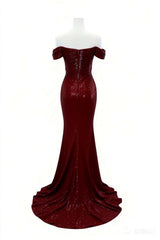 Off the Shoulder Burgundy Sequin Fitted Slit Dress