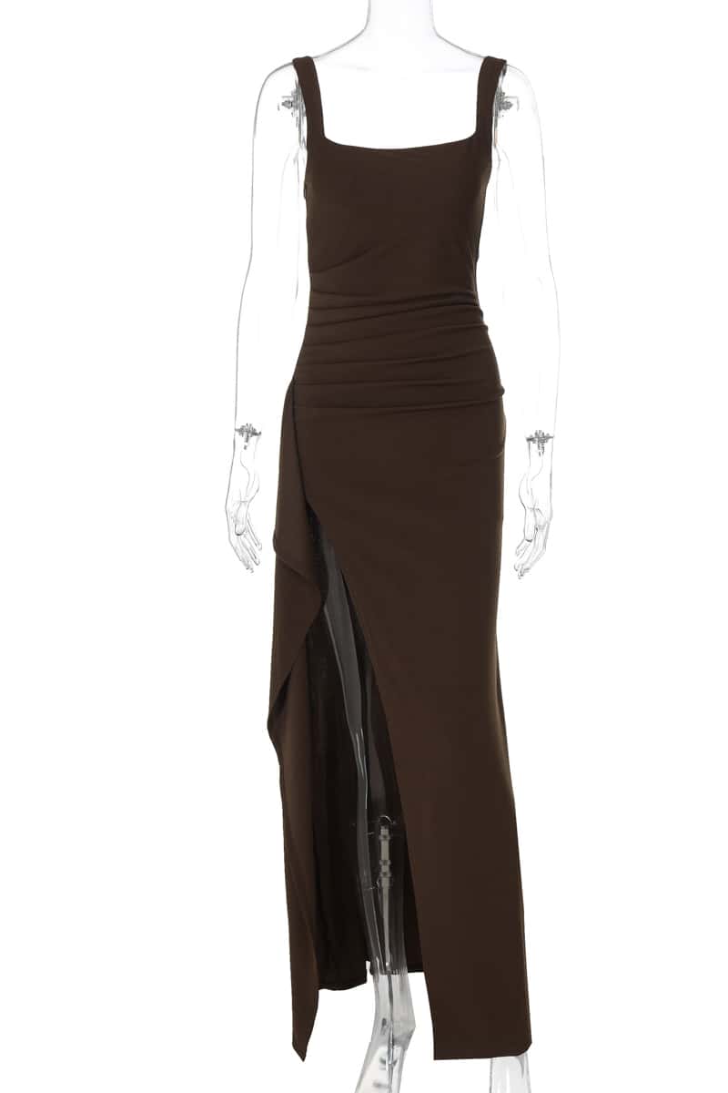 Burgundy Spandex Square Neck Frill Long Dress