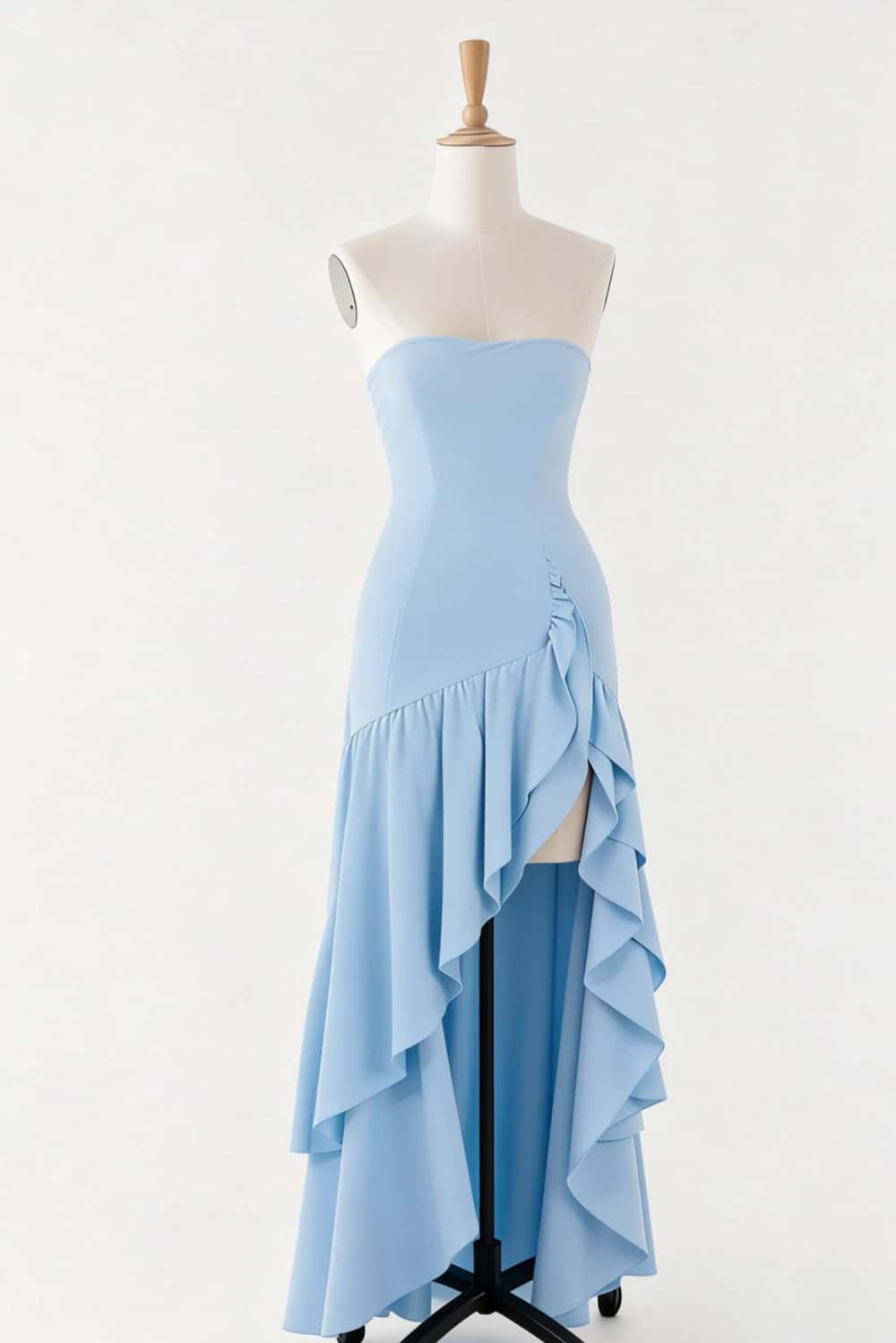 Light Blue Ruffle Fitted Long Dress