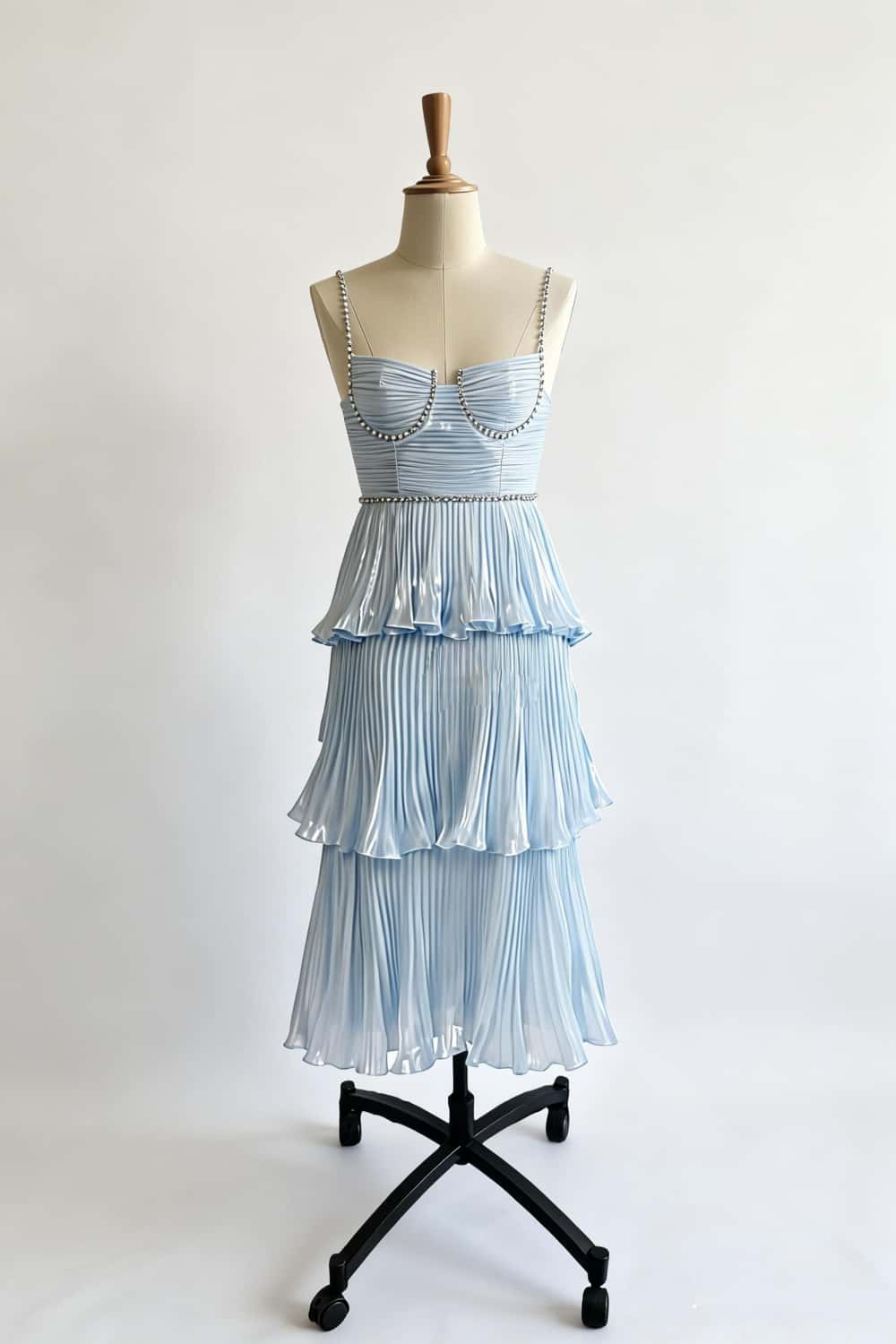 Light Blue Metallic Pleated Tiered Maxi Dress