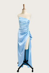 Asymmetric Strapless Light Blue Satin Slit Dress