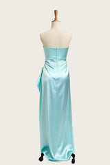 Asymmetric Strapless Light Blue Satin Slit Dress