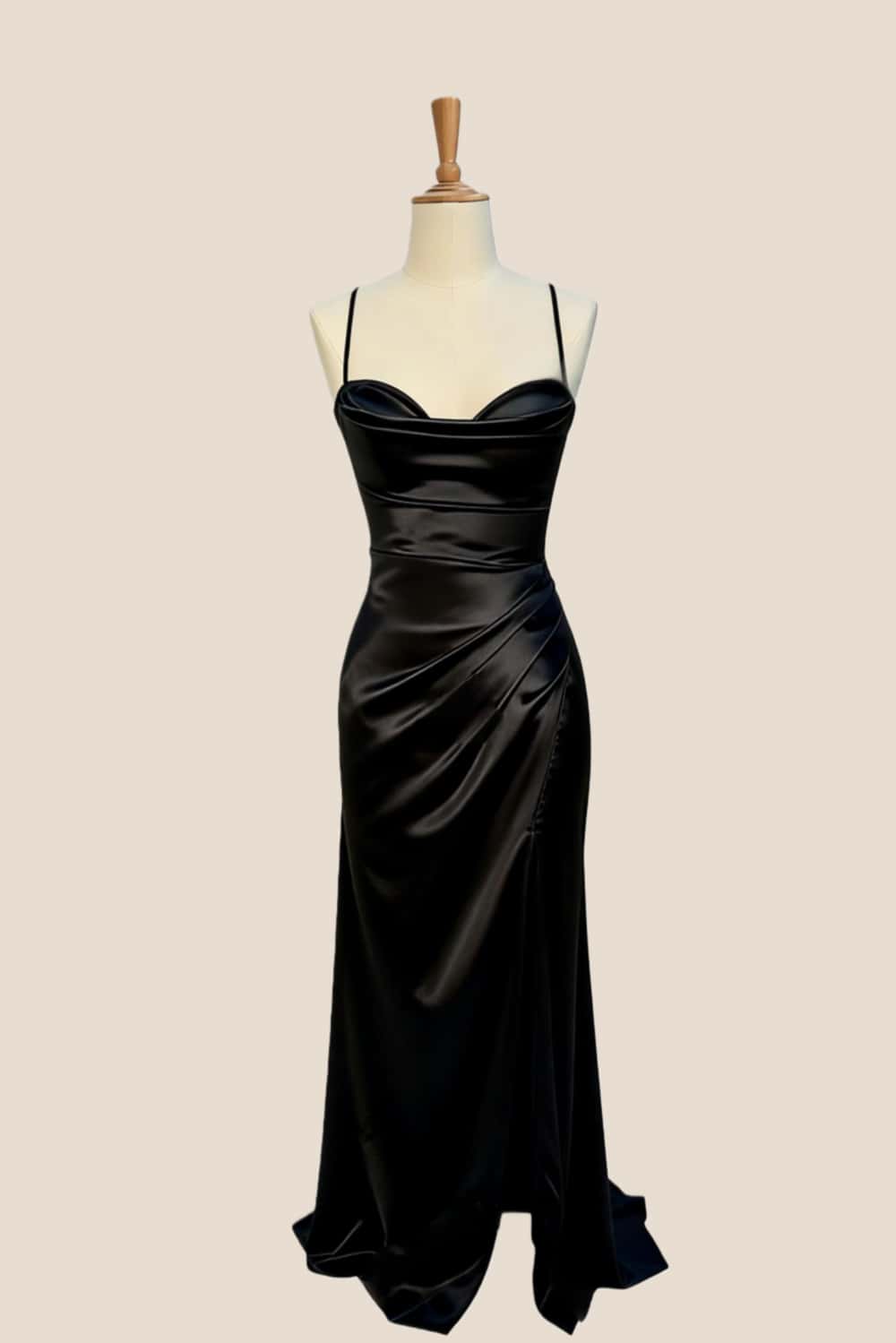 Black Satin Straps Ruched Fitted Prom Dress
