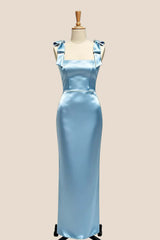 Bow Straps Blue Satin Fitted Bridesmaid Dress