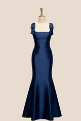Navy Blue Satin Mermaid Bow Bridesmaid Dress