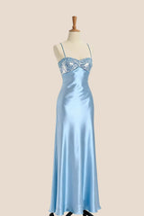 Light Blue Straps Satin Fitted Party Dress