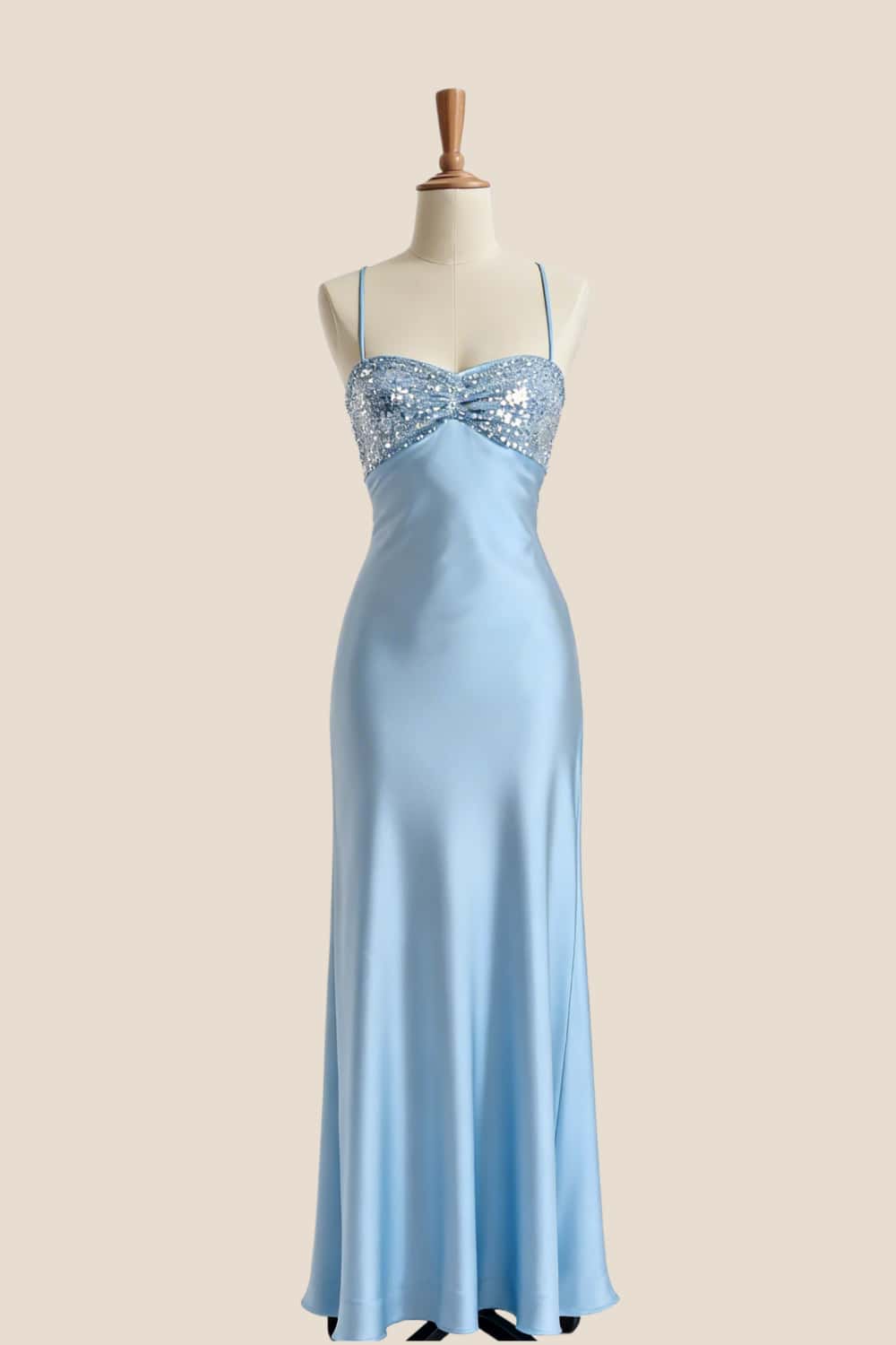 Light Blue Straps Satin Fitted Party Dress