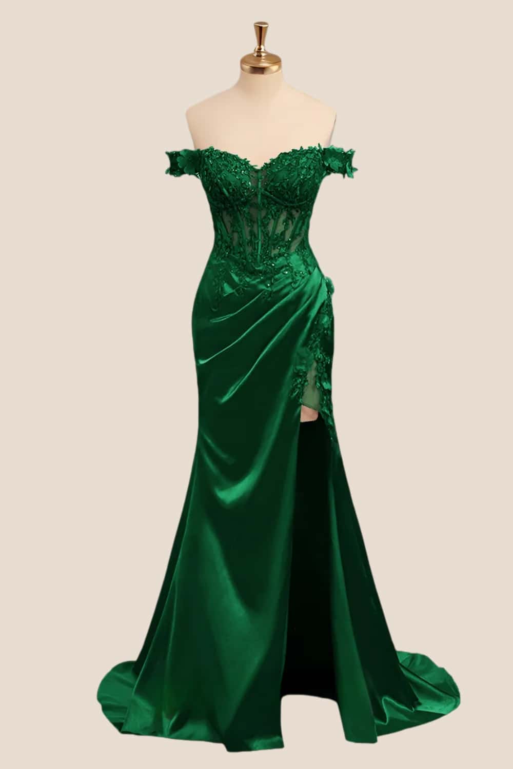 Lace Off the Shoulder Wine Red Satin Mermaid Dress