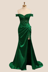 Lace Off the Shoulder Green Satin Mermaid Dress
