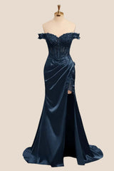 Lace Off the Shoulder Navy Blue Satin Mermaid Dress