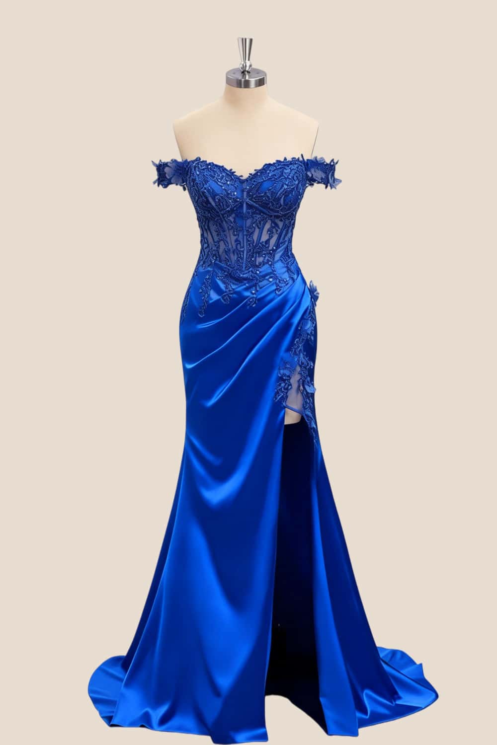 Lace Off the Shoulder Royal Blue Satin Mermaid Dress
