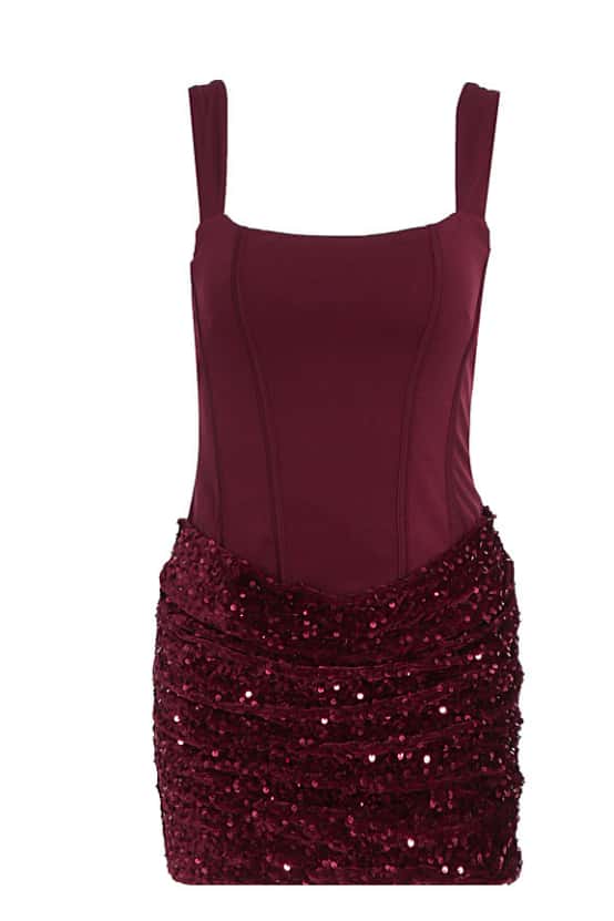 Square Neck Burgundy Sequin Ruched Mini Dress