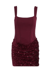 Square Neck Burgundy Sequin Ruched Mini Dress