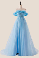 Off the Shoulder Blue A-line Long Princess Dress