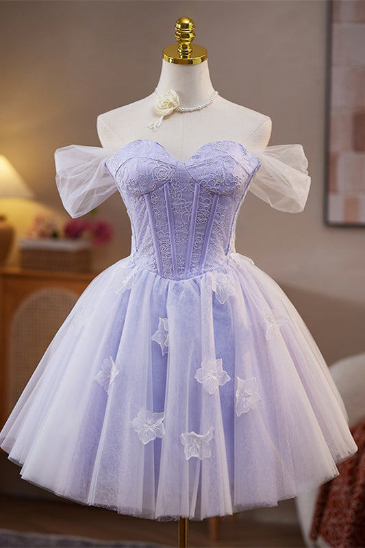 Off the Shoulder Lavender 3D Floral A-line Short Dress