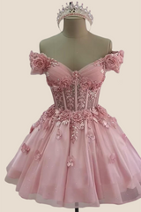 Off the Shoulder Pink 3D Floral Short Dress